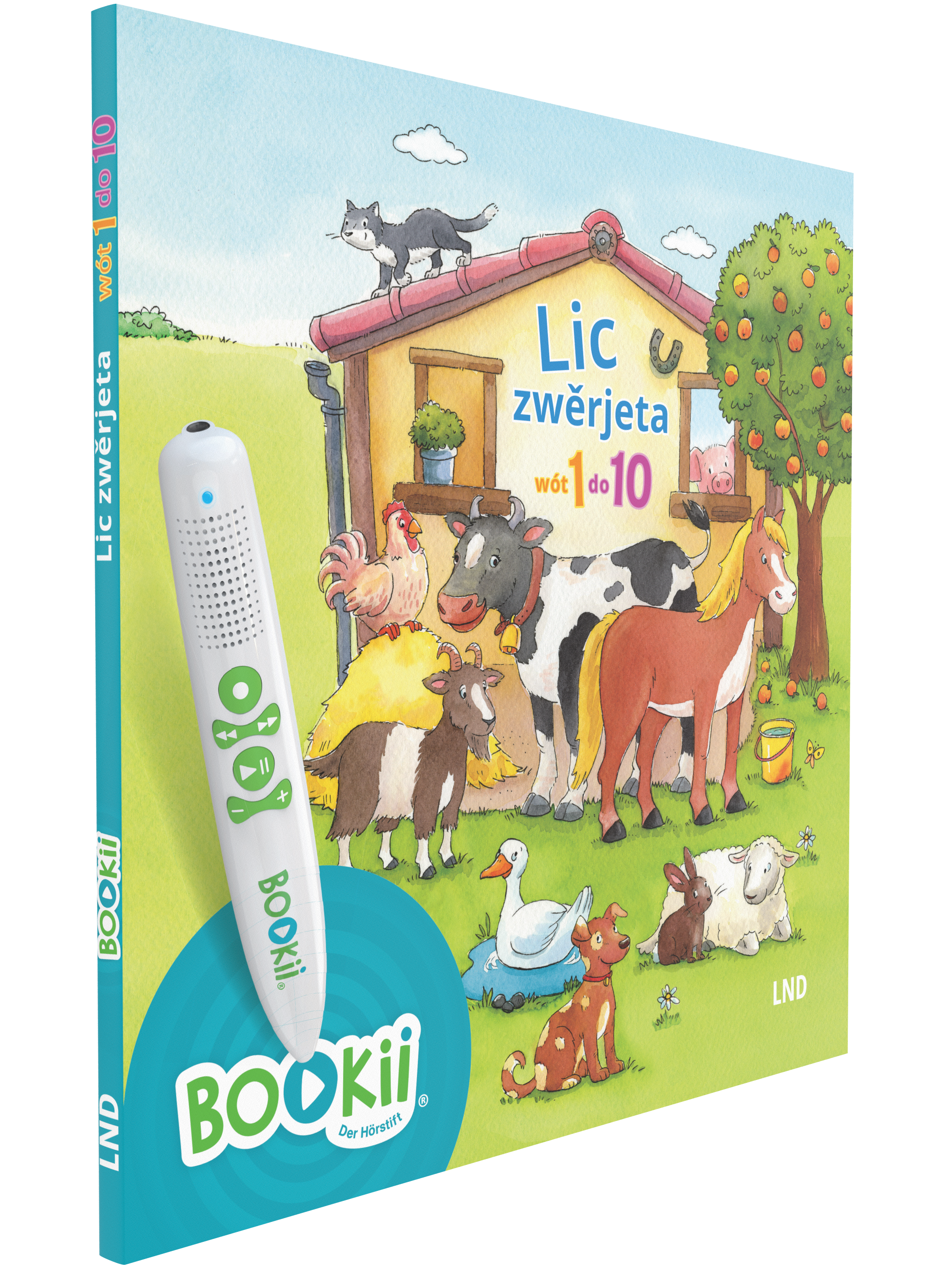 Zusehen ist ein Haus und vor dem Haus sind Tiere. Die Tiere sind ein Pferd, eine Kuh, ein Schaf, ein Hase, ein Hahn, eine Katze, eine Ziege,  ein Hund und eine Gans. Links im Bild steht ein Booki-Stift