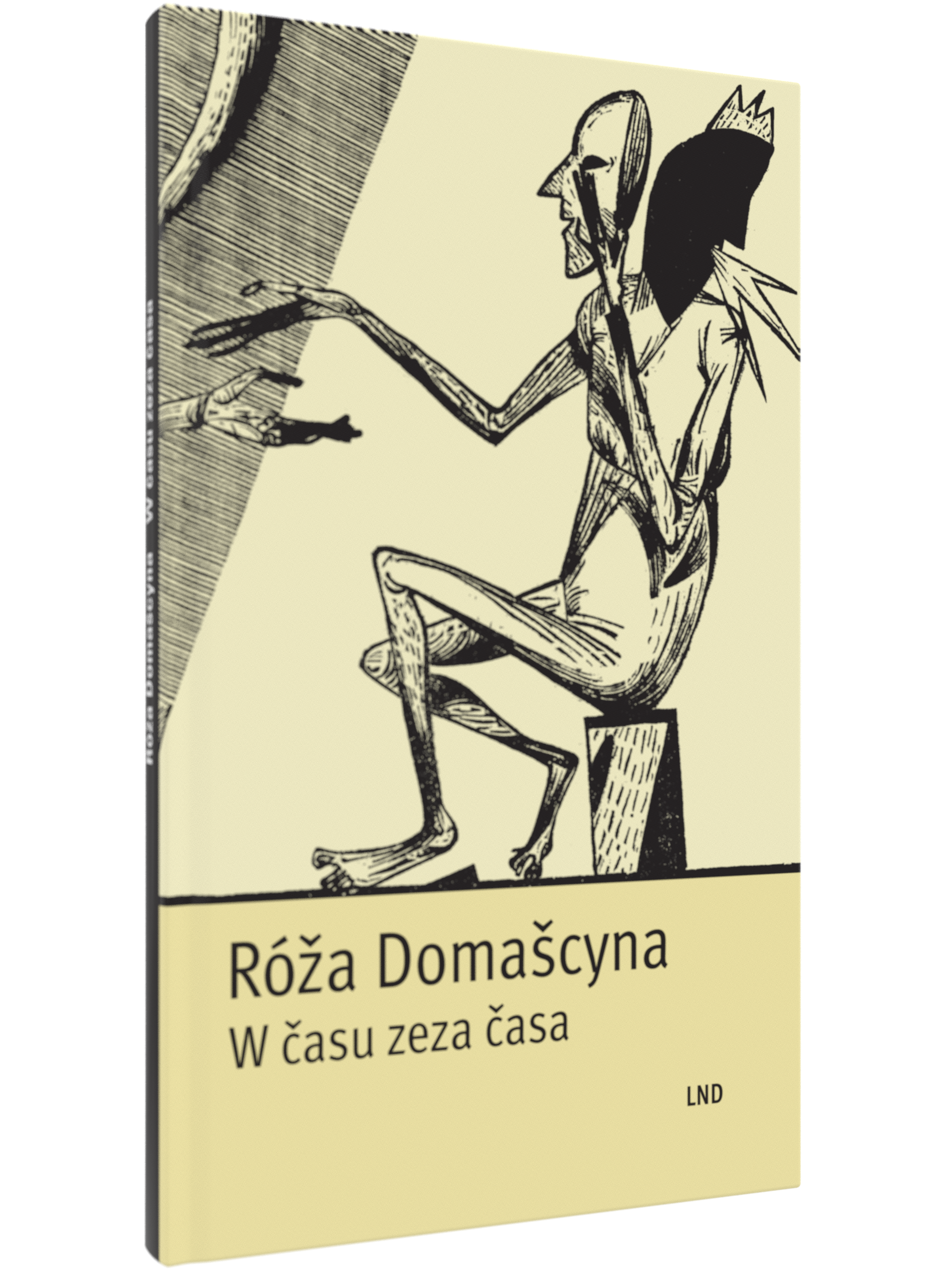 Buchcover von W času zeza časa von Róža Domašcyna, erschienen im Domowina-Verlag. Zusehen ist eine abstrakte Darstellung einer Person welche auf einem Hocker sitzt und einer anderen die Hand gibt.