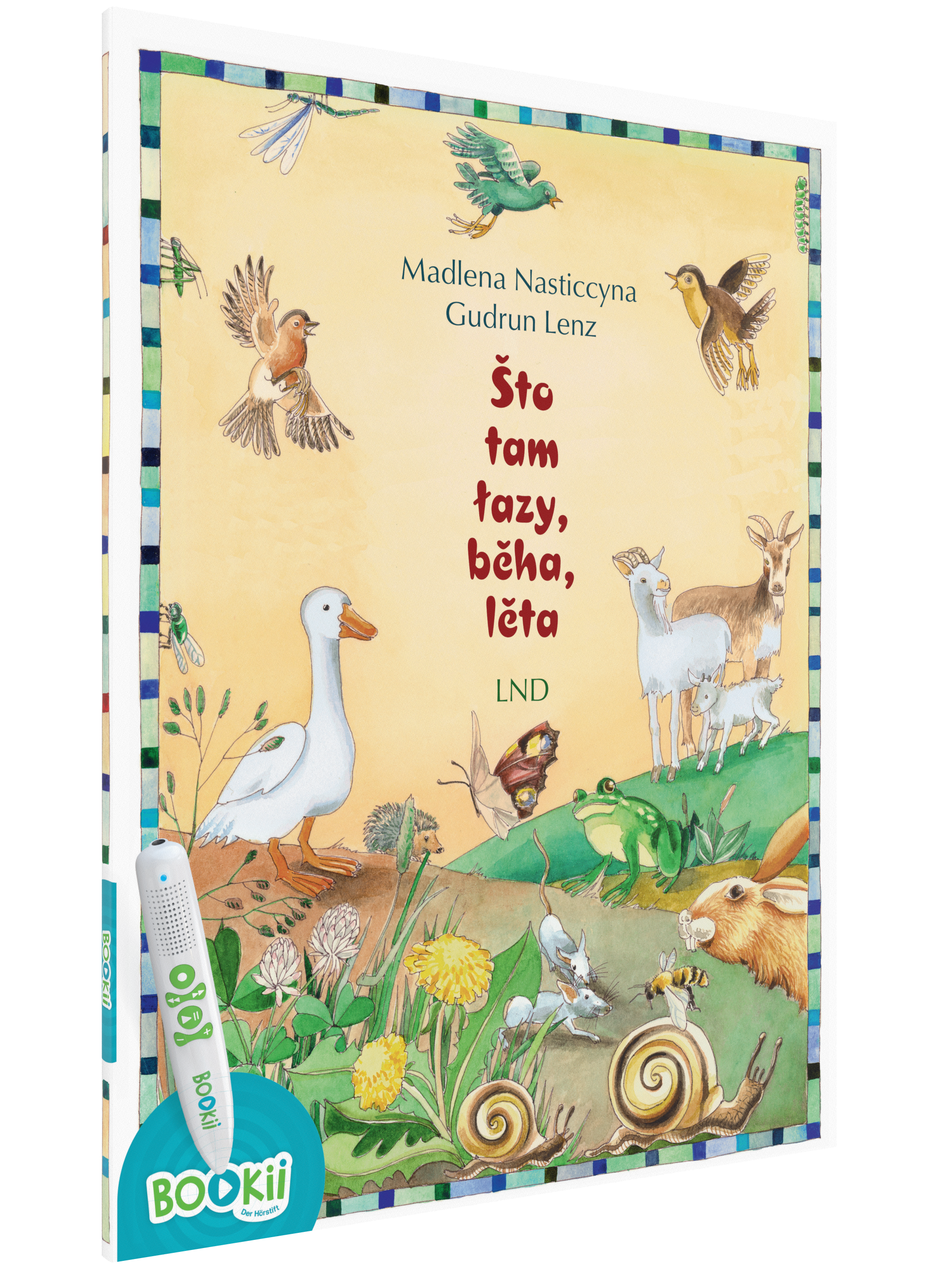 Ein Kinderbuch mit dem Titel „Što tam łazy, běha, lěta“. Das Cover zeigt eine bunte Illustration von Tieren wie Vögeln, einer Gans, einem Reh, einem Frosch und Insekten in der Natur. Es ist mit dem BOOKii-Hörstift kompatibel.