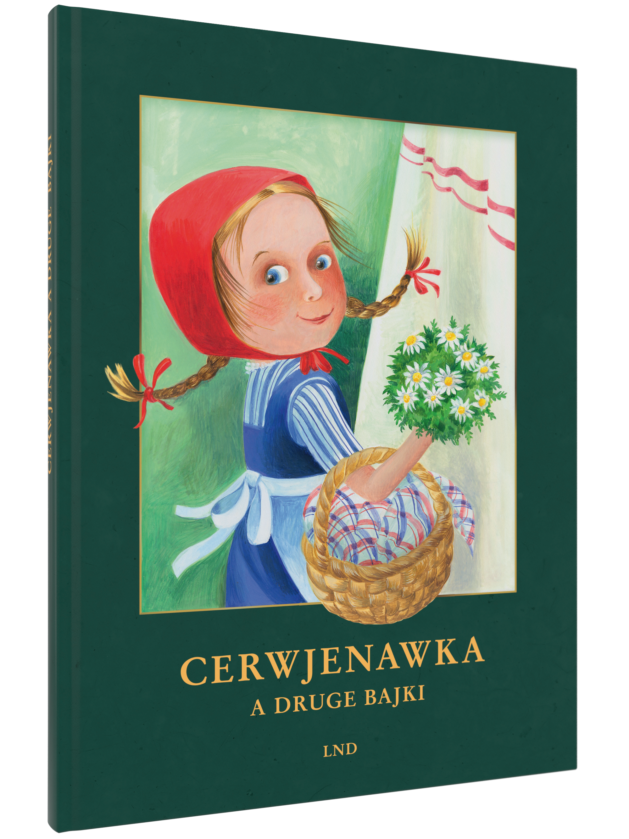 Zusehen ist ein Mädchen mit roter Mütze und blauen Kleid, sie trägt einen Korb und einen Blumenstrauß in der Hand