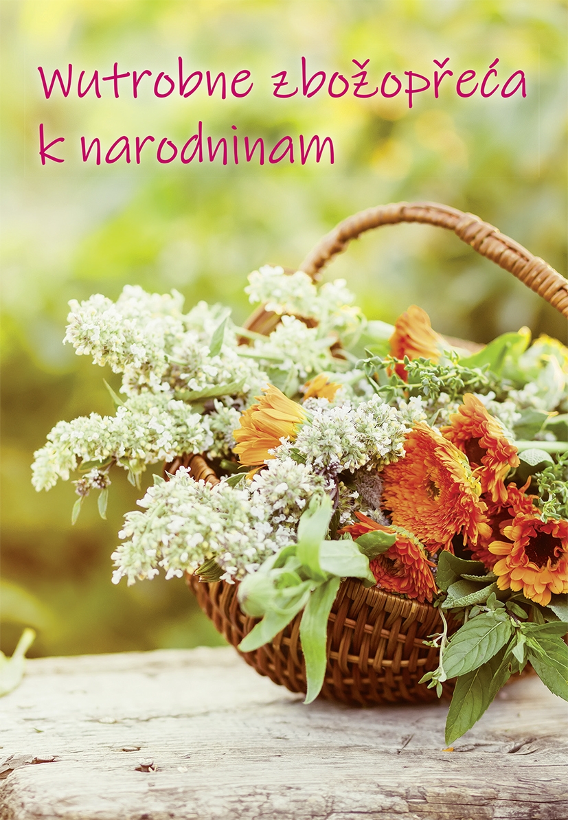 Zbožopřejna karta •  K narodninam •  koš z kwětkami